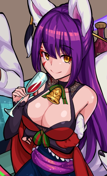 1boy 1girl alcohol animal_ears bottle breasts christmas cleavage cup drinking_glass eyebrows_visible_through_hair fox_ears hei_niao high_heels kitsune large_breasts monster_strike purple_hair red_footwear smile table tagme tail thigh-highs wine wine_bottle wine_glass yellow_eyes