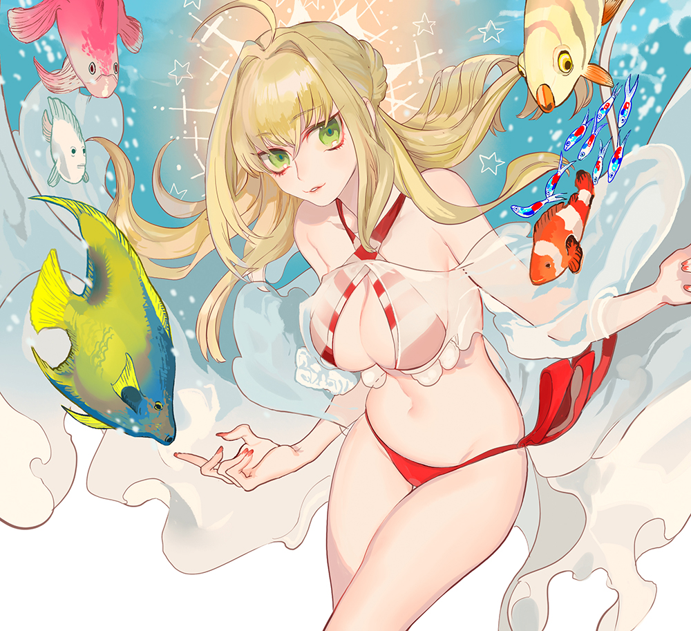 1girl ahoge bikini blonde_hair braid breasts cleavage fate/grand_order fate_(series) fish green_eyes large_breasts long_hair looking_at_viewer nail_polish navel nero_claudius_(fate)_(all) nero_claudius_(swimsuit_caster)_(fate) red_bikini red_nails smile solo swimsuit tobi0728