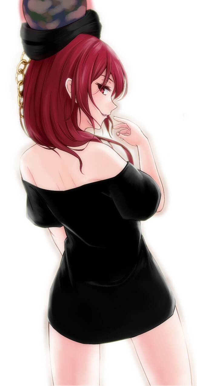 1girl bare_shoulders black_hat black_shirt chains commentary_request from_behind hair_over_shoulder hand_up hat hecatia_lapislazuli highres legs_apart long_hair looking_at_viewer looking_back naked_shirt off-shoulder_shirt polos_crown profile red_eyes redhead riria_(liry_a_flower) shirt simple_background solo t-shirt thigh-highs touhou white_background