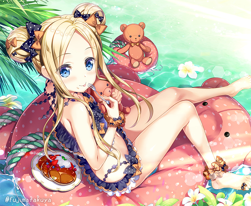 1girl abigail_williams_(fate/grand_order) ankle_scrunchie bangs bare_arms bare_legs bare_shoulders barefoot bikini black_bikini black_bow blonde_hair bow commentary_request day double_bun emerald_float fate/grand_order fate_(series) flower flower_on_liquid fork fujima_takuya hair_bow hand_up holding holding_fork innertube long_hair orange_bow orange_scrunchie outdoors parted_bangs plate polka_dot polka_dot_bow scrunchie side_bun sidelocks solo stuffed_animal stuffed_toy swimsuit teddy_bear twitter_username very_long_hair water white_flower wrist_scrunchie