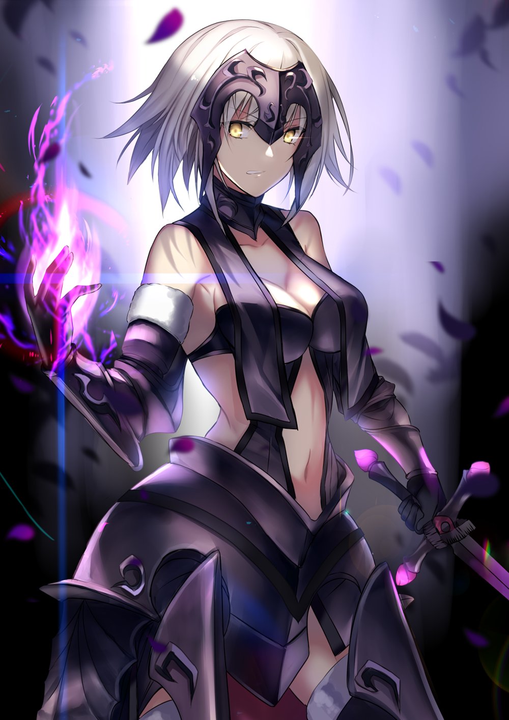 1girl armor armored_dress aura bangs bare_shoulders black_dress breasts cleavage commentary_request dress eyebrows_visible_through_hair falling_petals fate/grand_order fate_(series) faulds fur_trim gauntlets headpiece highres holding holding_sword holding_weapon jeanne_d'arc_(alter)_(fate) jeanne_d'arc_(fate)_(all) karlwolf large_breasts looking_at_viewer magic navel navel_cutout short_hair silver_hair standing sword thigh-highs weapon yellow_eyes