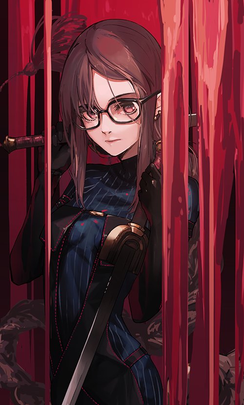 1girl akuta_hinako black_dress brown_hair dress fate/grand_order fate_(series) glasses la-na long_hair long_sleeves looking_at_viewer ribbed_sweater sweater sword turtleneck turtleneck_sweater weapon