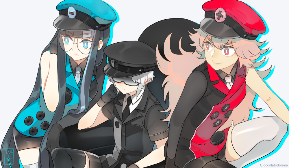 1boy 2girls adjusting_hair aqua_eyes armchair asymmetrical_legwear asymmetrical_sleeves black_legwear black_suit blue_eyes blue_suit breasts buttons chair covered_eyes eyebrows_visible_through_hair eyes_visible_through_hair formal glasses hat joy-con long_hair medium_breasts multiple_girls necktie nintendo nintendo_switch personification pink_eyes pink_hair red_eyes red_suit rosel-d round_eyewear short_shorts short_sleeves shorts small_breasts smile suit thigh-highs very_long_hair white_hair white_legwear white_neckwear