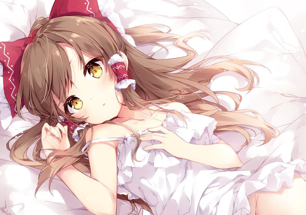 1girl bare_arms bare_shoulders blush bow brown_hair collarbone commentary_request dress dress_lift groin hair_bow hair_tubes hakurei_reimu hand_on_own_chest hand_up long_hair lying mochizuki_shiina nightgown no_panties on_back parted_lips pillow red_bow sleeveless sleeveless_dress solo strap_slip touhou upper_body white_dress yellow_eyes