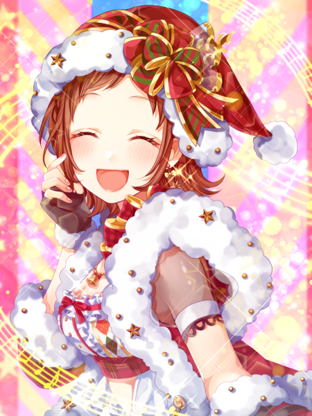 1girl :d ^_^ bang_dream! black_gloves blush brown_hair christmas closed_eyes closed_eyes commentary_request crop_top earrings fingerless_gloves frills fur-trimmed_gloves fur-trimmed_hat fur-trimmed_vest fur_trim gloves hat hat_ribbon hazawa_tsugumi ito22oji jewelry open_mouth red_neckwear red_ribbon red_vest ribbon santa_costume santa_hat short_bangs short_hair short_sleeves smile solo sparkle staff_(music) striped striped_ribbon upper_body vest