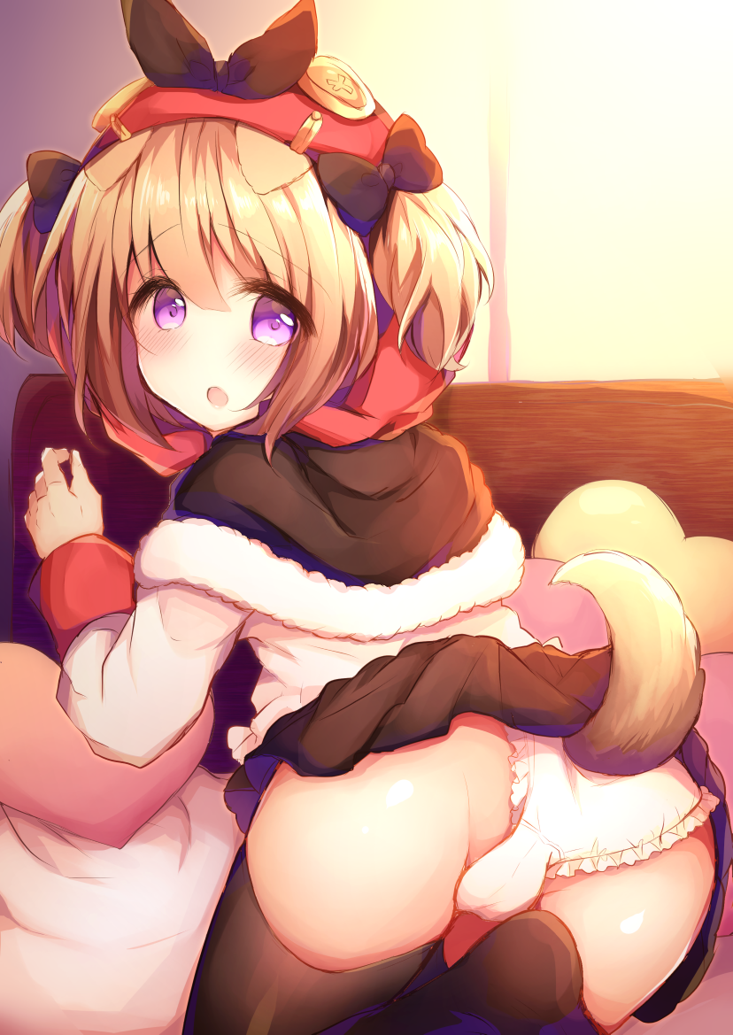 1girl animal_ears ass azur_lane bangs bed_sheet black_capelet black_skirt blush bow brown_bow brown_legwear capelet commentary_request dog_ears dog_girl dog_tail eyebrows_visible_through_hair fur-trimmed_capelet fur_trim hair_between_eyes hair_bow haru_ichigo heart heart_pillow hood hood_up light_brown_hair long_sleeves looking_at_viewer looking_back norfolk_(azur_lane) panties pillow pleated_skirt shirt skirt solo tail thigh-highs twintails underwear white_panties white_shirt