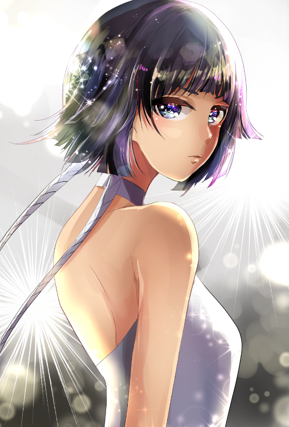 1girl black_hair bleach blue_eyes choker from_side looking_at_viewer parted_lips short_hair sleeveless solo sui-feng umi_(pixiv6861961) upper_body