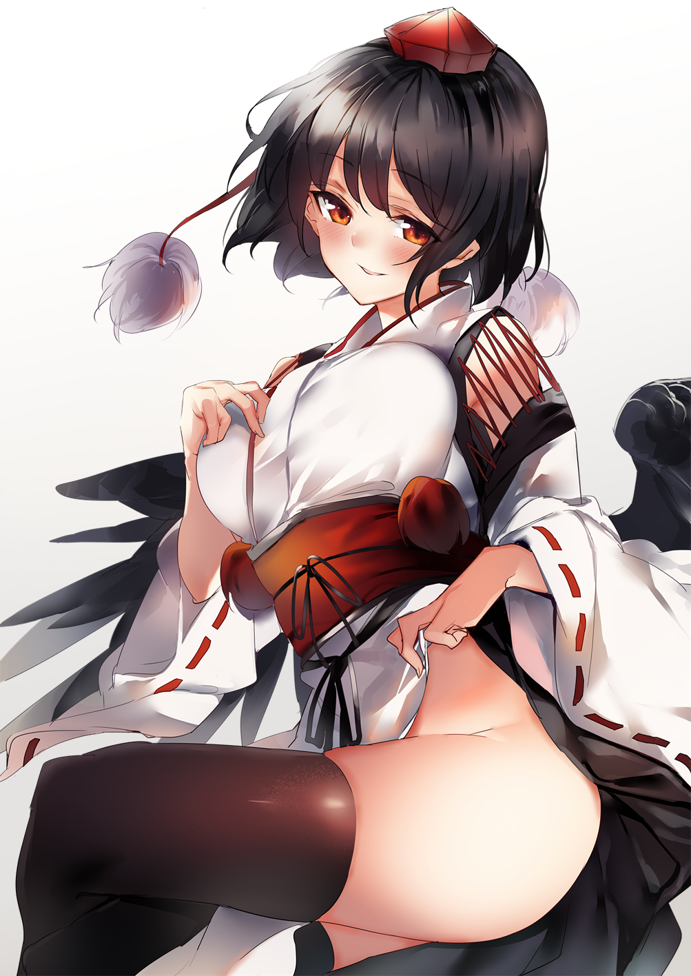 1girl bird_wings black_hair black_legwear black_wings blush breasts commentary_request cross-laced_clothes detached_sleeves dress dress_lift gradient gradient_background hand_on_own_chest hat head_tilt highres invisible_chair japanese_clothes ken_(coffee_michikusa) kourindou_tengu_costume large_breasts legs_crossed lifted_by_self long_sleeves looking_at_viewer no_panties obi parted_lips pom_pom_(clothes) red_eyes ribbon-trimmed_sleeves ribbon_trim sash shameimaru_aya short_hair side_slit simple_background sitting skindentation smile solo thigh-highs thighs tokin_hat touhou white_background wide_sleeves wings