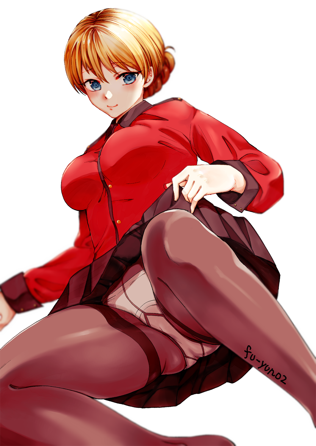 1girl artist_name bangs black_legwear black_skirt blonde_hair blue_eyes blurry braid closed_mouth crotch_seam darjeeling epaulettes eyebrows_visible_through_hair girls_und_panzer gusset highres jacket legs lifted_by_self light_blush long_sleeves military military_uniform miniskirt panties panties_under_pantyhose pantyhose pleated_skirt red_jacket short_hair simple_background skirt skirt_lift smile solo st._gloriana's_military_uniform tied_hair touma_(tsunamiharuru) underwear uniform upskirt white_background