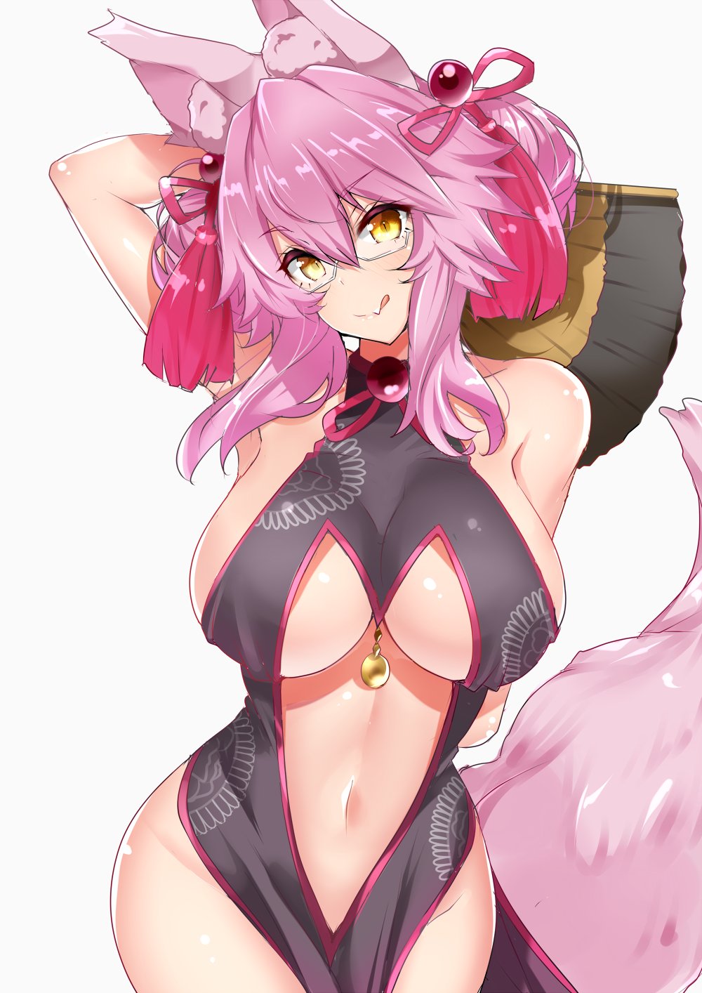 1girl animal_ear_fluff animal_ears arm_behind_head bangs bare_shoulders bell black_dress blush breasts center_opening china_dress chinese_clothes closed_mouth dress fan fang fate/grand_order fate_(series) folding_fan fox_ears fox_girl fox_tail glasses gloves hair_between_eyes highres hips jingle_bell koyanskaya large_breasts licking_lips long_hair looking_at_viewer navel pink_hair sankakusui shiny shiny_hair shiny_skin sidelocks simple_background smile solo tail tassel tied_hair tongue tongue_out under_boob white_background yellow_eyes