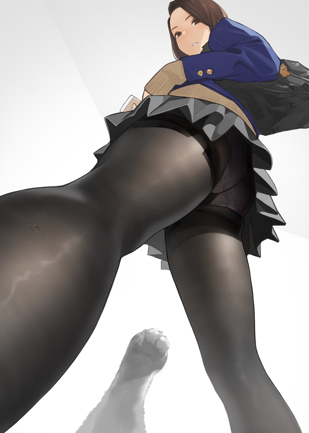 1girl ass bag bangs beige_sweater blue_jacket blush brown_eyes buttons commentary forehead grey_skirt gusset highres jacket legs long_sleeves looking_at_viewer looking_back original panties panties_under_pantyhose pantyhose parted_bangs parted_lips pleated_skirt school_uniform shoulder_bag simple_background skirt solo thighband_pantyhose thighs underwear upskirt white_background yomu_(sgt_epper)