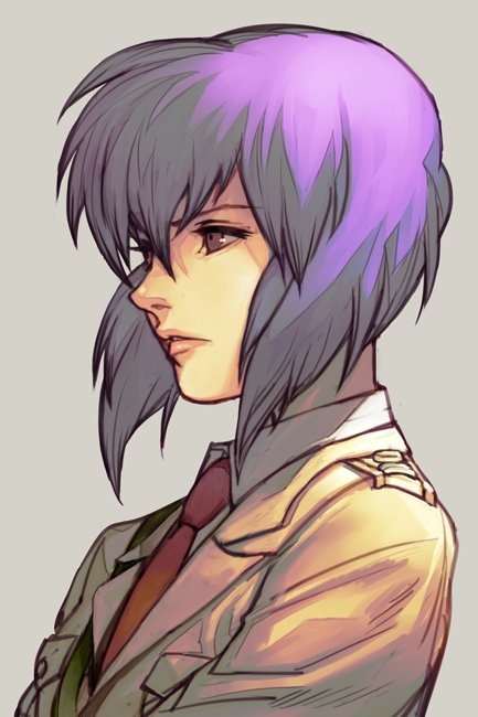 1girl bangs collared_shirt from_side ghost_in_the_shell grey_background hair_between_eyes hankuri jacket kusanagi_motoko lips military military_jacket military_uniform parted_lips profile purple_hair red_neckwear shirt short_hair uniform violet_eyes white_shirt