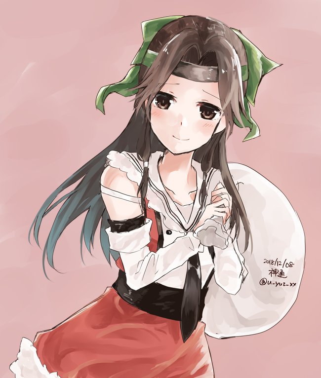 1girl black_neckwear brown_eyes brown_hair character_name dated detached_sleeves forehead_protector hachimaki hair_intakes half_updo headband jintsuu_(kantai_collection) kantai_collection long_hair looking_at_viewer neckerchief pink_background remodel_(kantai_collection) sack school_uniform serafuku simple_background smile solo twitter_username u_yuz_xx upper_body