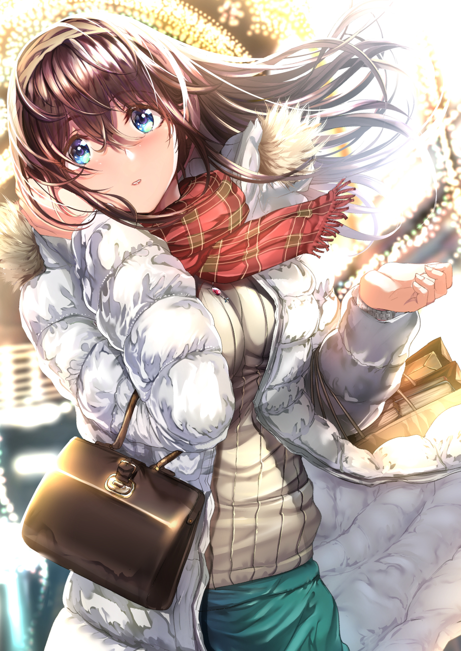 1girl bag bangs black_hair blue_eyes blurry blurry_background blush book breasts casual down_jacket dutch_angle eyebrows_visible_through_hair floating_hair fur-trimmed_jacket fur_trim hair_between_eyes hairband hand_on_own_face hand_up handbag highres idolmaster idolmaster_cinderella_girls jacket jewelry large_breasts light long_hair long_sleeves looking_at_viewer maroon_lips necklace night nohito open_clothes open_jacket open_mouth outdoors parted_lips plaid plaid_scarf red_scarf ribbed_sweater sagisawa_fumika scarf shopping_bag sidelocks solo sweater watch white_jacket wind