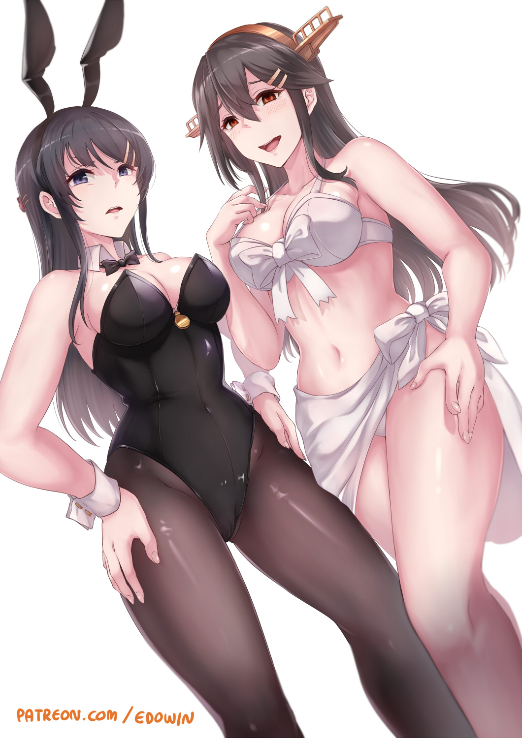 2girls animal_ears bare_shoulders black_hair black_legwear black_leotard blush bow bowtie breasts brown_eyes bunnysuit cleavage detached_collar edwin_(cyberdark_impacts) from_above hair_ornament hairclip haruna_(kantai_collection) headgear highres kantai_collection large_breasts leotard long_hair looking_at_viewer medium_breasts multiple_girls navel open_mouth pantyhose rabbit_ears sakurajima_mai sarong seishun_buta_yarou simple_background smile standing strapless strapless_leotard violet_eyes white_background white_bikini_top wrist_cuffs