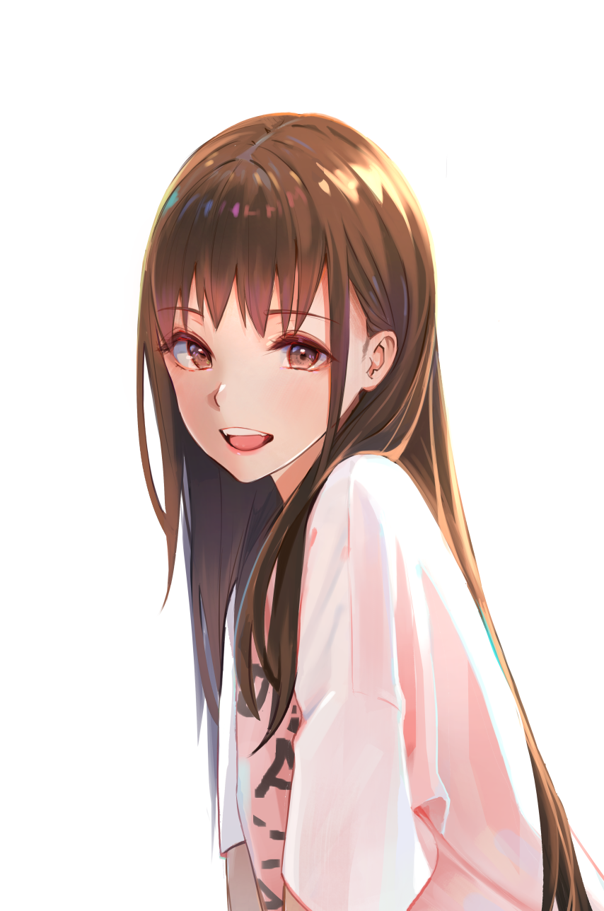 1girl :d bangs brown_eyes brown_hair clothes_writing highres long_hair looking_at_viewer looking_to_the_side nekojira open_mouth original shirt short_sleeves sidelocks simple_background smile solo upper_body upper_teeth white_background white_shirt