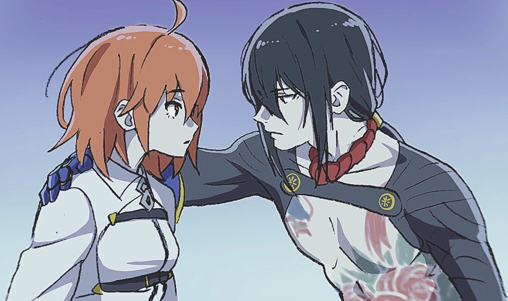 1boy 1girl ahoge black_hair blue_background closed_mouth commentary_request eye_contact eyebrows_visible_through_hair fate/grand_order fate_(series) fujimaru_ritsuka_(female) gauntlets gradient gradient_background hair_between_eyes hand_on_another's_shoulder jacket looking_at_another mi_(pic52pic) orange_eyes orange_hair parted_lips ponytail short_hair tattoo white_jacket yan_qing_(fate/grand_order)