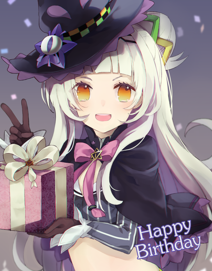 1girl bangs black_capelet black_gloves blunt_bangs blush brooch capelet commentary crop_top gift gloves hair_bun hair_ornament happy_birthday hat holding holding_gift hololive jewelry long_hair long_sleeves looking_at_viewer midriff multicolored multicolored_eyes murasaki_shion open_mouth orange_eyes ribbon silver_hair smile solo striped tacos_rr tilted_headwear v vertical_stripes virtual_youtuber witch_hat yellow_eyes