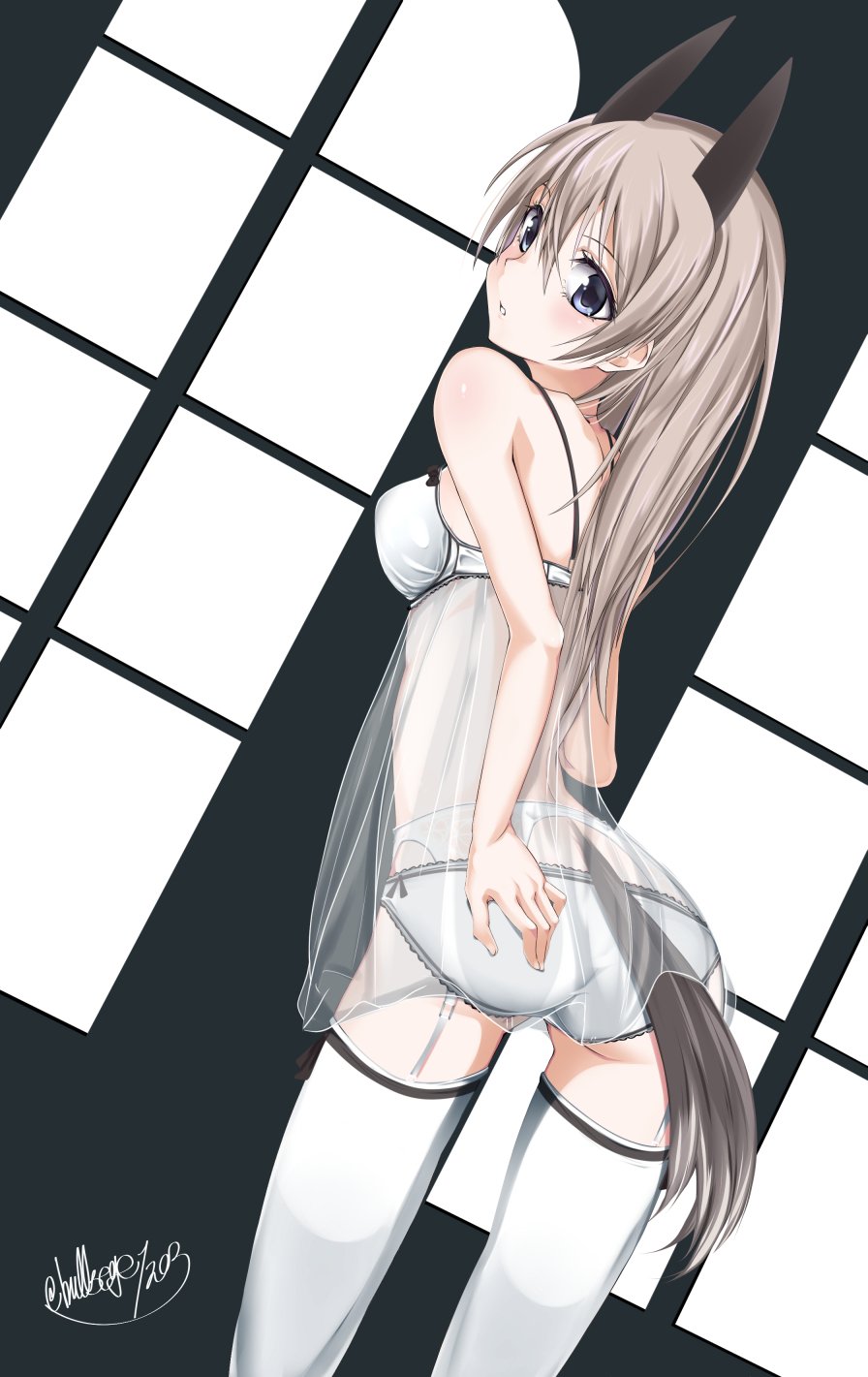1girl :o animal_ears bangs blue_eyes bra breasts bullseye1203 chemise commentary cowboy_shot eila_ilmatar_juutilainen eyebrows_visible_through_hair from_behind garter_straps grey_bra grey_legwear grey_panties hand_on_own_ass highres lace lace-trimmed_bra lace-trimmed_panties leaning_forward lingerie lips long_hair looking_at_viewer looking_back panties parted_lips see-through signature silver_hair small_breasts solo standing strike_witches symbol_commentary tail thigh-highs twitter_username underwear world_witches_series