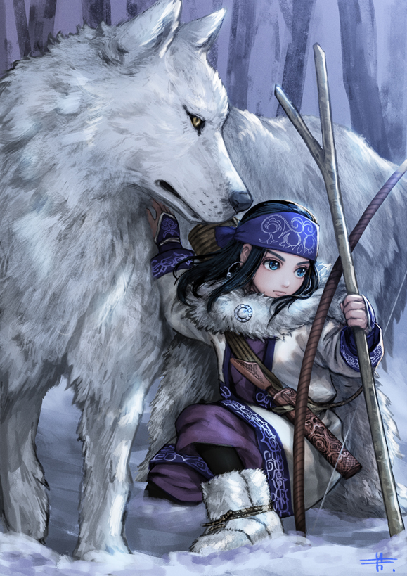 1girl 1other ainu ainu_clothes asirpa bandanna bare_tree black_hair blue_eyes boots bow_(weapon) branch cape dagger earrings fingerless_gloves full_body fur_boots fur_cape gloves golden_kamuy hoop_earrings jewelry kneeling long_hair long_sleeves mitsuya one_knee retar scabbard sheath sheathed signature snow tree weapon wolf