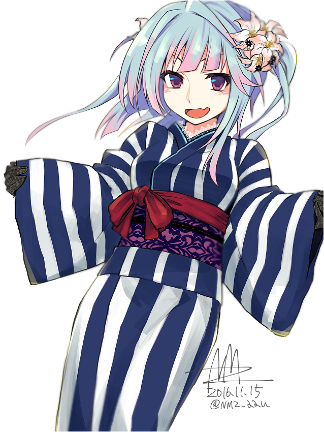 1girl :d bangs black_gloves blue_hair blue_kimono blush breasts dated fang flower gloves hair_flower hair_ornament hands_up i-19_(kantai_collection) japanese_clothes kantai_collection kimono long_hair long_sleeves looking_at_viewer medium_breasts multicolored_hair nmz_(namazu) obi one_side_up open_mouth pink_hair red_eyes sash signature simple_background smile solo standing striped striped_kimono twitter_username two-tone_hair v-shaped_eyebrows white_background white_flower wide_sleeves yukata