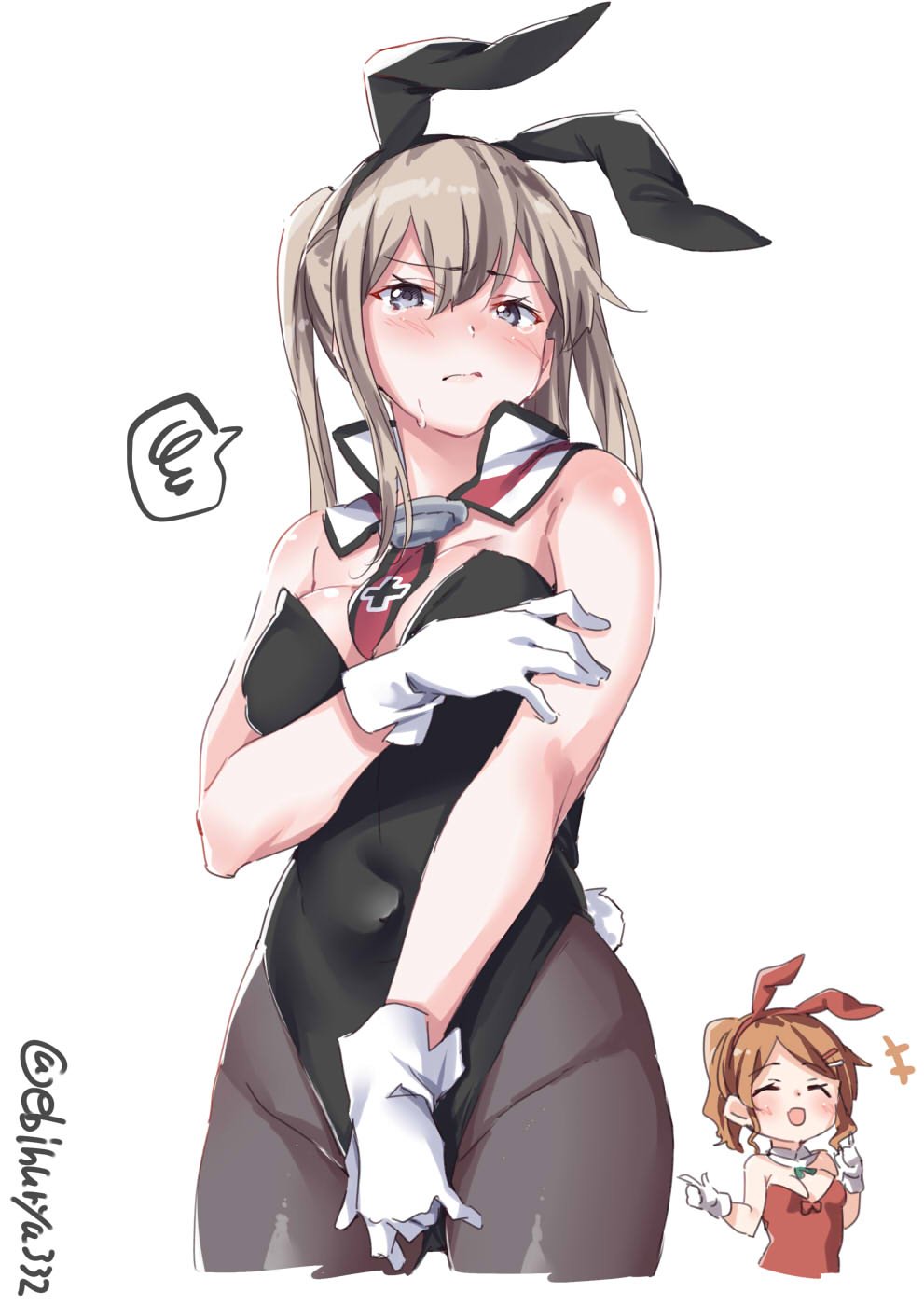 2girls alternate_costume animal_ears aquila_(kantai_collection) bare_shoulders black_legwear black_leotard blonde_hair breasts bunny_girl bunny_tail celtic_knot closed_eyes closed_mouth commentary_request covered_navel cowboy_shot detached_collar ebifurya embarrassed fake_animal_ears gloves graf_zeppelin_(kantai_collection) grey_eyes hair_between_eyes hair_ornament hairclip high_ponytail highres iron_cross kantai_collection large_breasts leotard looking_at_viewer multiple_girls open_mouth orange_hair pantyhose pointing pointing_forward rabbit_ears red_leotard sidelocks spoken_squiggle squiggle strapless strapless_leotard tail tears tsurime twintails twitter_username wavy_hair wavy_mouth white_gloves wrist_cuffs