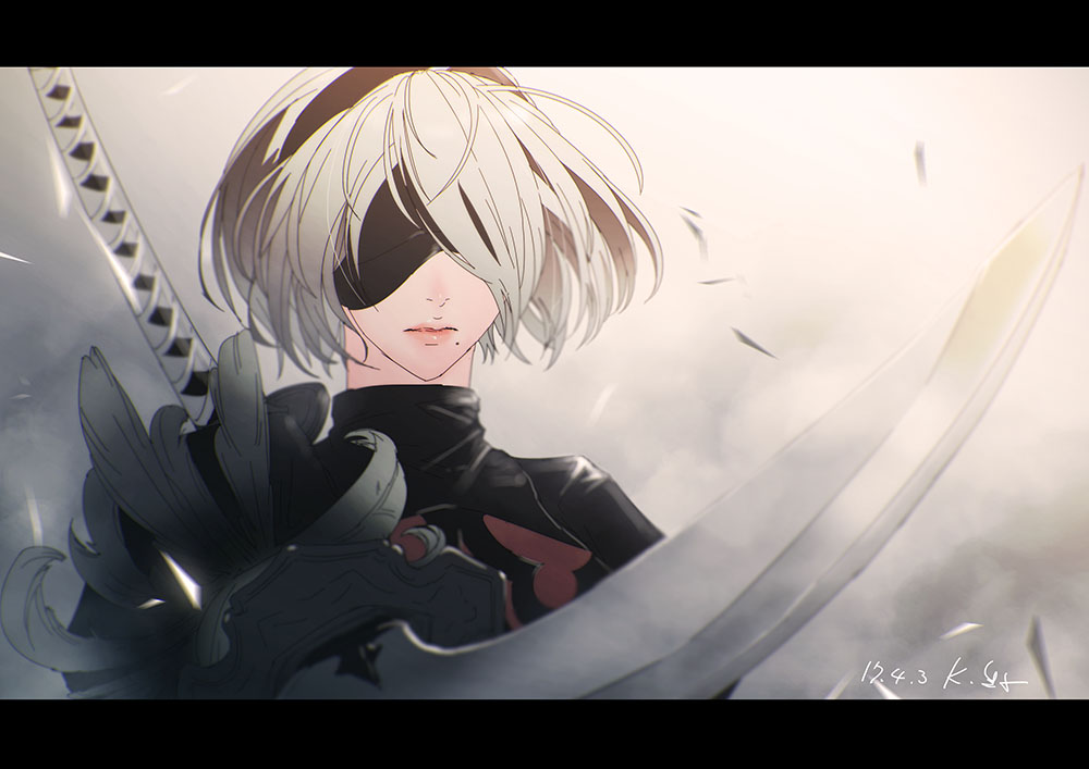 1girl black_blindfold black_dress black_hairband blindfold cleavage_cutout closed_mouth commentary_request covered_eyes dress feather-trimmed_sleeves hairband holding holding_sword holding_weapon juliet_sleeves kara_ikuko katana long_sleeves mole mole_under_mouth nier_(series) nier_automata pink_lips puffy_sleeves short_hair silver_hair sword sword_behind_back weapon yorha_no._2_type_b