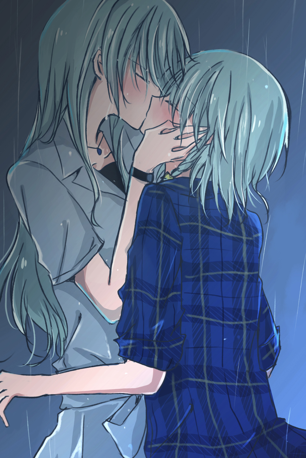 2girls aqua_hair bang_dream! blue_hair closed_eyes height_difference highres hikawa_hina hikawa_sayo incest kiss long_hair multiple_girls rain short_hair siblings sisters twins xuan yuri