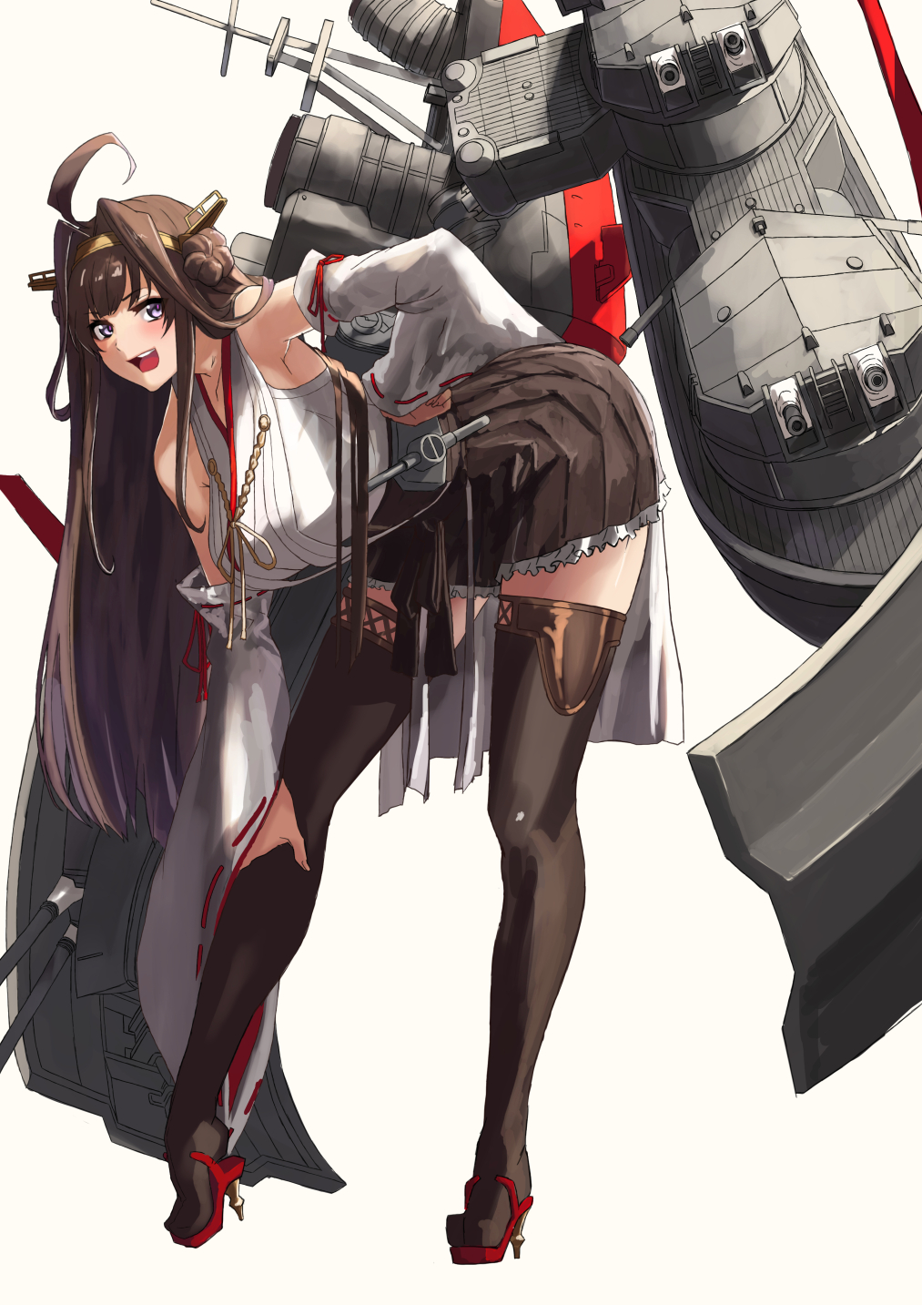 1girl antenna_hair black_skirt boots breasts brown_hair cannon detached_sleeves double_bun eyebrows_visible_through_hair full_body hair_between_eyes hairband hand_on_hip hand_on_leg headgear high_heels highres japanese_clothes kantai_collection kongou_(kantai_collection) large_breasts long_hair looking_at_viewer machinery nontraditional_miko open_mouth pleated_skirt remodel_(kantai_collection) ribbon-trimmed_sleeves ribbon_trim rigging simple_background skirt smile smokestack solo thigh-highs thigh_boots turret violet_eyes white_background yashiro_(silver_will)