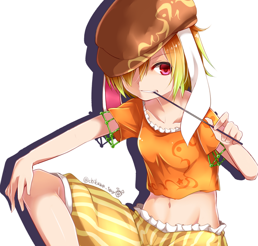 1girl artist_name blonde_hair breasts brown_hat chikuwa_savi clenched_teeth collarbone commentary_request crop_top flat_cap frills groin hair_between_eyes hair_over_one_eye hat holding knee_up looking_at_viewer midriff navel orange_shirt pink_eyes ringo_(touhou) shirt short_hair short_sleeves shorts silhouette simple_background sitting small_breasts solo stomach striped teeth touhou twitter_username vertical-striped_shorts vertical_stripes white_background yellow_shorts