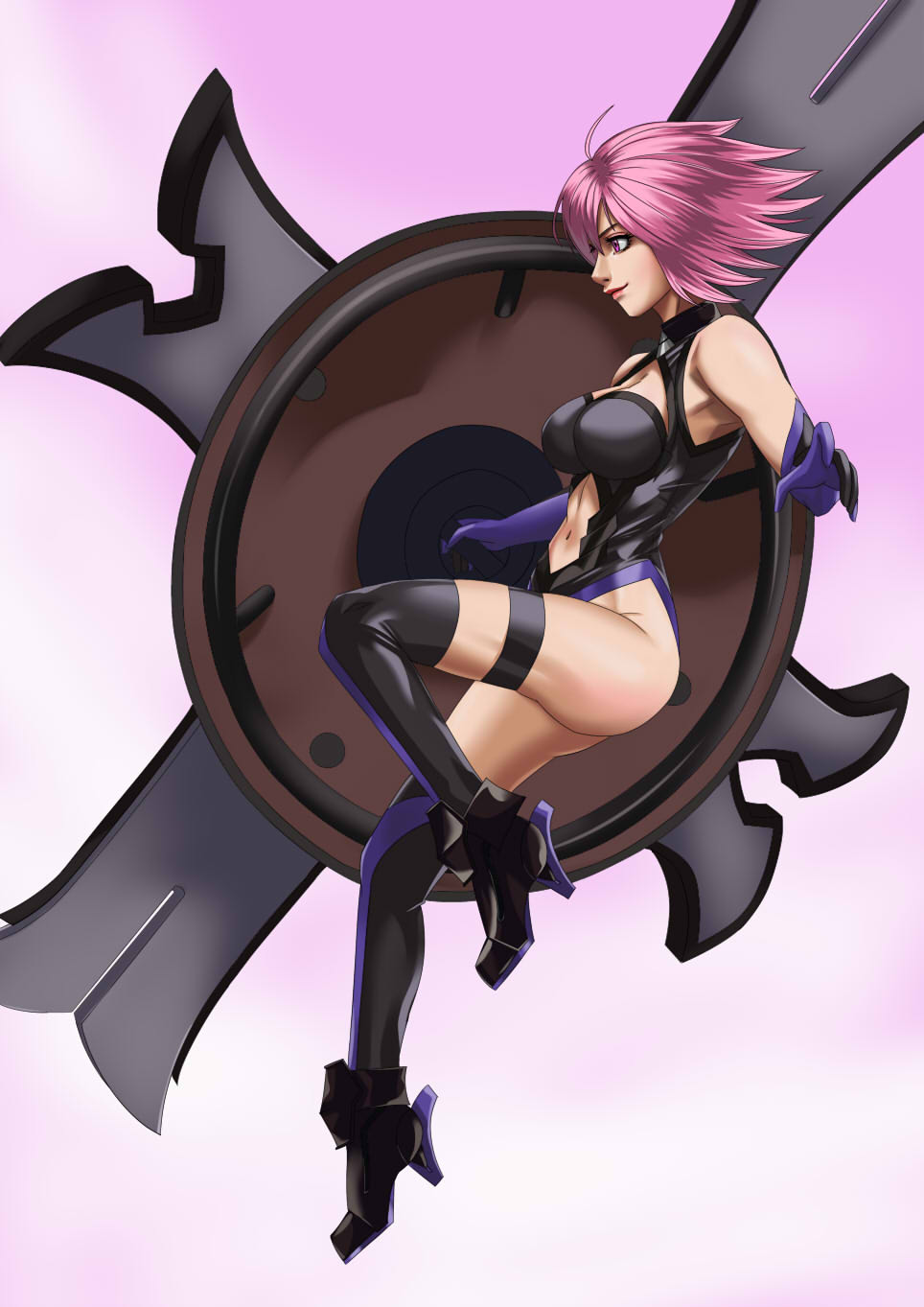 1girl armor armored_dress ass bare_shoulders boots breasts cleavage_cutout commentary_request elbow_gloves fate/grand_order fate_(series) from_side gloves high_heels highres holding_shield jumping kouichi09 large_breasts mash_kyrielight navel_cutout purple_gloves purple_hair shield short_hair solo thigh-highs thigh_boots thigh_strap thighs violet_eyes