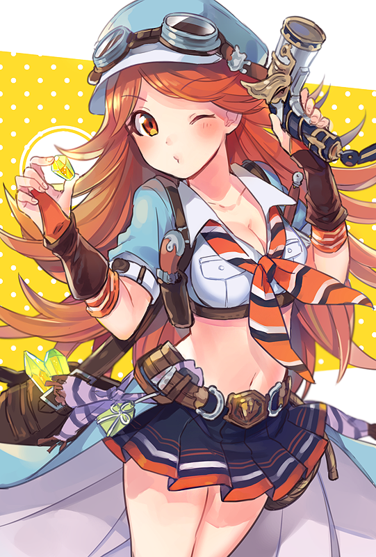 1girl belt blush breasts cleavage commentary_request crop_top fuji_fujino goggles goggles_on_headwear granblue_fantasy gun hat holding long_hair looking_at_viewer mary_(granblue_fantasy) medium_breasts midriff miniskirt navel neckerchief o3o one_eye_closed orange_eyes orange_hair overskirt pleated_skirt short_sleeves skirt solo weapon