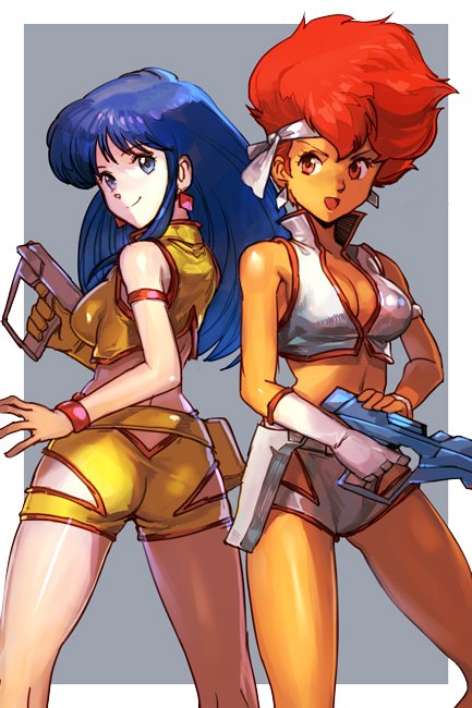 2girls blue_eyes blue_hair border breasts cleavage cowboy_shot cropped_legs dark_skin dirty_pair earrings gloves gun hankuri holding holding_gun holding_weapon jewelry kei_(dirty_pair) long_hair midriff multiple_girls red_eyes redhead short_hair short_shorts shorts sleeveless weapon yuri_(dirty_pair)