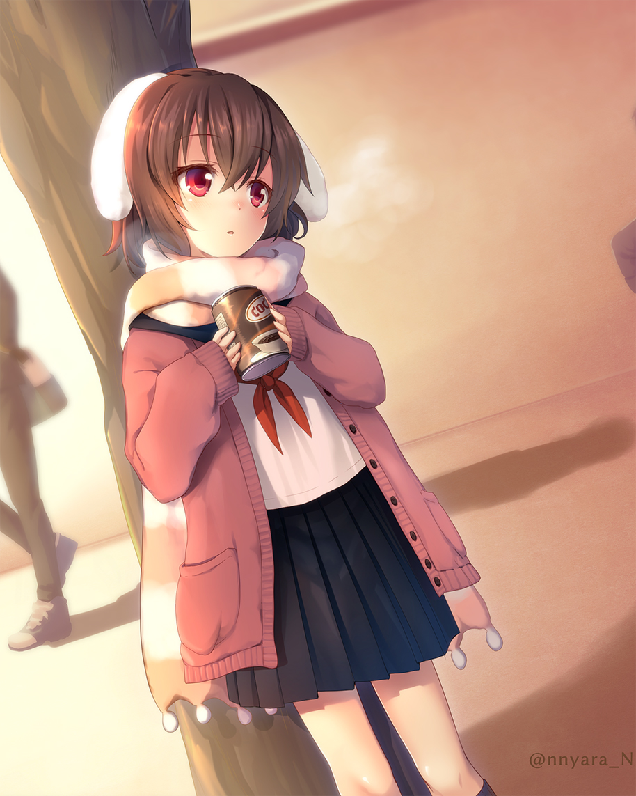 1girl alternate_costume animal_ears bangs black_skirt breath brown_hair buttons can cardigan contemporary dutch_angle eyebrows_visible_through_hair hair_between_eyes head_tilt holding holding_can inaba_tewi long_sleeves miniskirt neckerchief nnyara outdoors pleated_skirt rabbit_ears red_eyes red_neckwear scarf school_uniform short_hair skirt solo standing striped touhou tree twitter_username winter