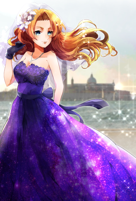 1girl arm_behind_back black_gloves bleach blue_eyes blurry blurry_background breasts bridal_veil brown_hair cleavage collarbone dress floating_hair flower gloves gown hair_flower hair_ornament hand_up jewelry large_breasts long_dress long_hair looking_away looking_to_the_side matsumoto_rangiku mole mole_under_mouth necklace outdoors purple_dress sash sleeveless sleeveless_dress solo sparkle standing strapless strapless_dress sunset umi_(pixiv6861961) veil white_flower wind