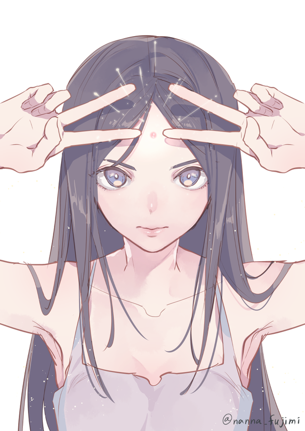 778-go bare_shoulders black_hair blue_eyes glowing lipgloss long_hair original signature simple_background solo v white_background