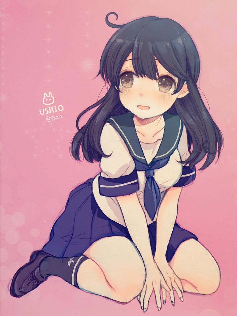1girl ahoge black_hair black_legwear blue_skirt blush breasts character_name full_body kantai_collection kneehighs large_breasts long_hair looking_to_the_side neckerchief open_mouth pink_background pleated_skirt sanada_nako school_uniform seiza serafuku simple_background sitting skirt solo twitter_username ushio_(kantai_collection)