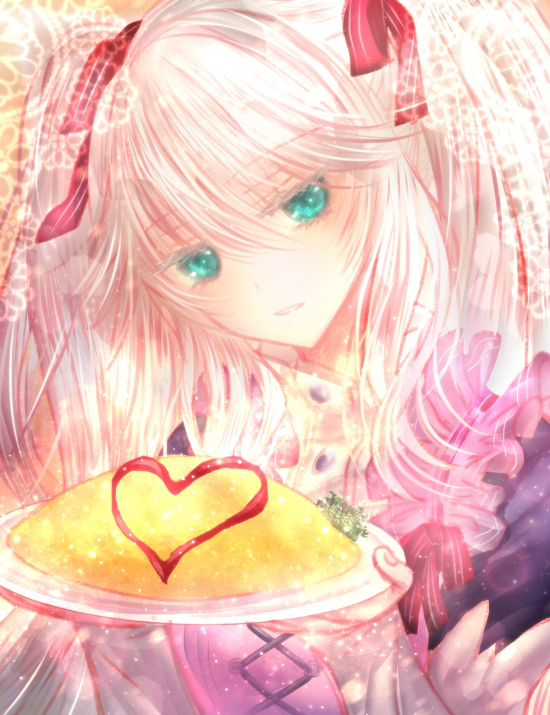 1girl blue_eyes food hair_ribbon hiyuki_(ikuyih) long_hair looking_at_viewer omurice parted_lips plate red_ribbon ribbon sennen_sensou_aigis solo sybilla upper_body white_hair