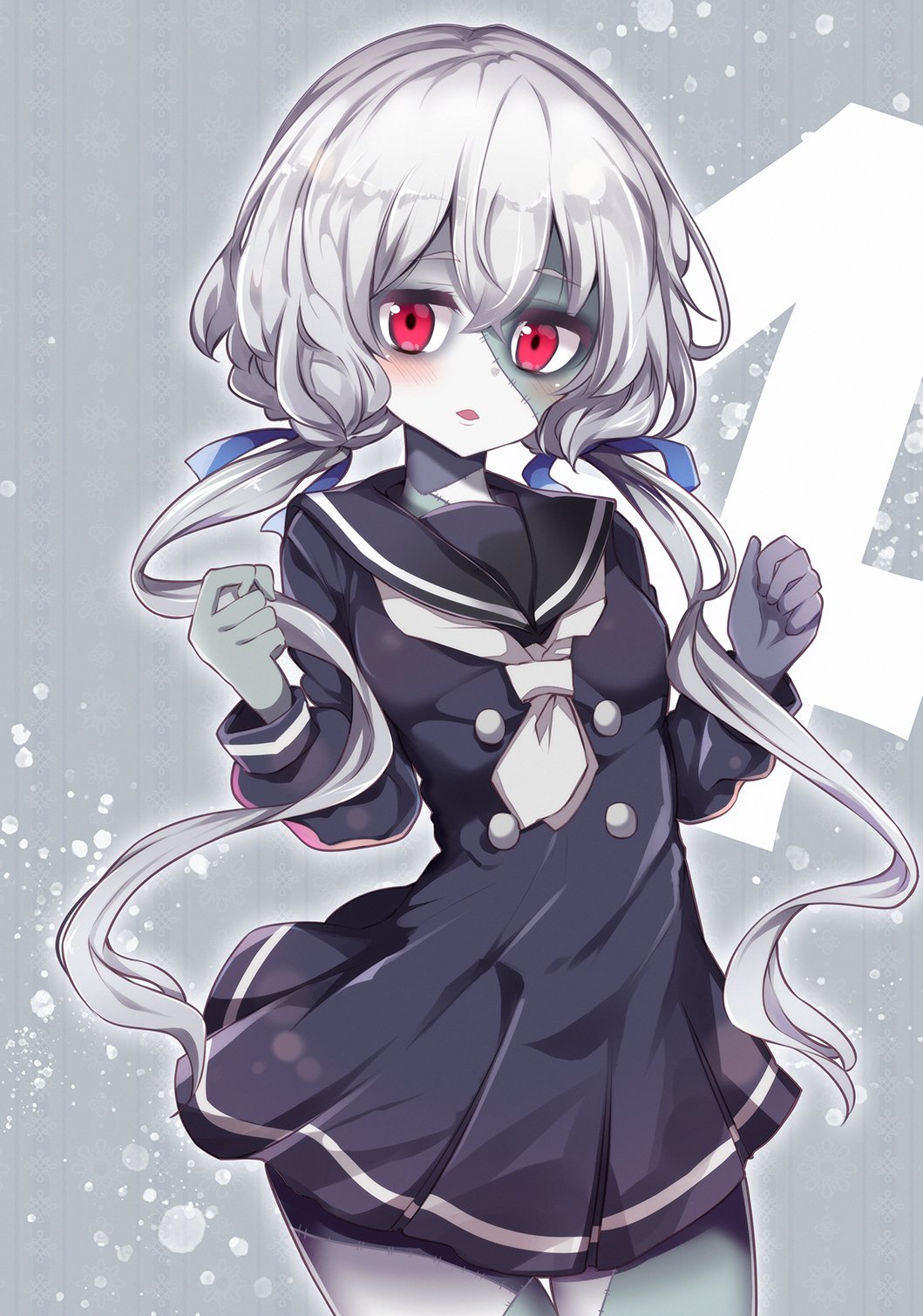 1girl 4 bangs black_dress black_sailor_collar blue_ribbon blush breasts commentary_request cowboy_shot dress eyebrows_visible_through_hair grey_background grey_neckwear hair_between_eyes hair_ribbon hands_up head_tilt highres konno_junko long_hair long_sleeves looking_at_viewer low_twintails maturiuta_sorato neckerchief number pale_skin parted_lips pleated_dress red_eyes ribbon sailor_collar sailor_dress short_dress silver_hair simple_background small_breasts solo standing stitches thighs twintails very_long_hair zombie zombie_land_saga