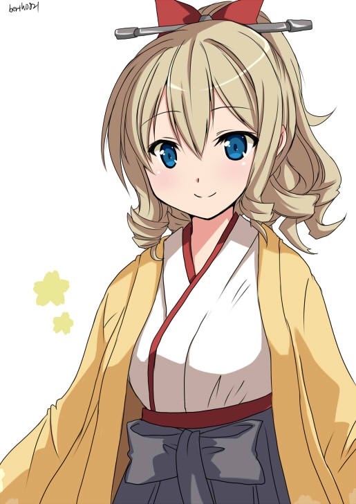 1girl blonde_hair blue_eyes drill_hair eyebrows_visible_through_hair furisode hair_between_eyes hair_ornament hair_ribbon hakama_skirt hatakaze_(kantai_collection) hinase_(jet_hearts) japanese_clothes kantai_collection kimono looking_at_viewer machinery meiji_schoolgirl_uniform ponytail red_ribbon ribbon simple_background solo twitter_username upper_body white_background