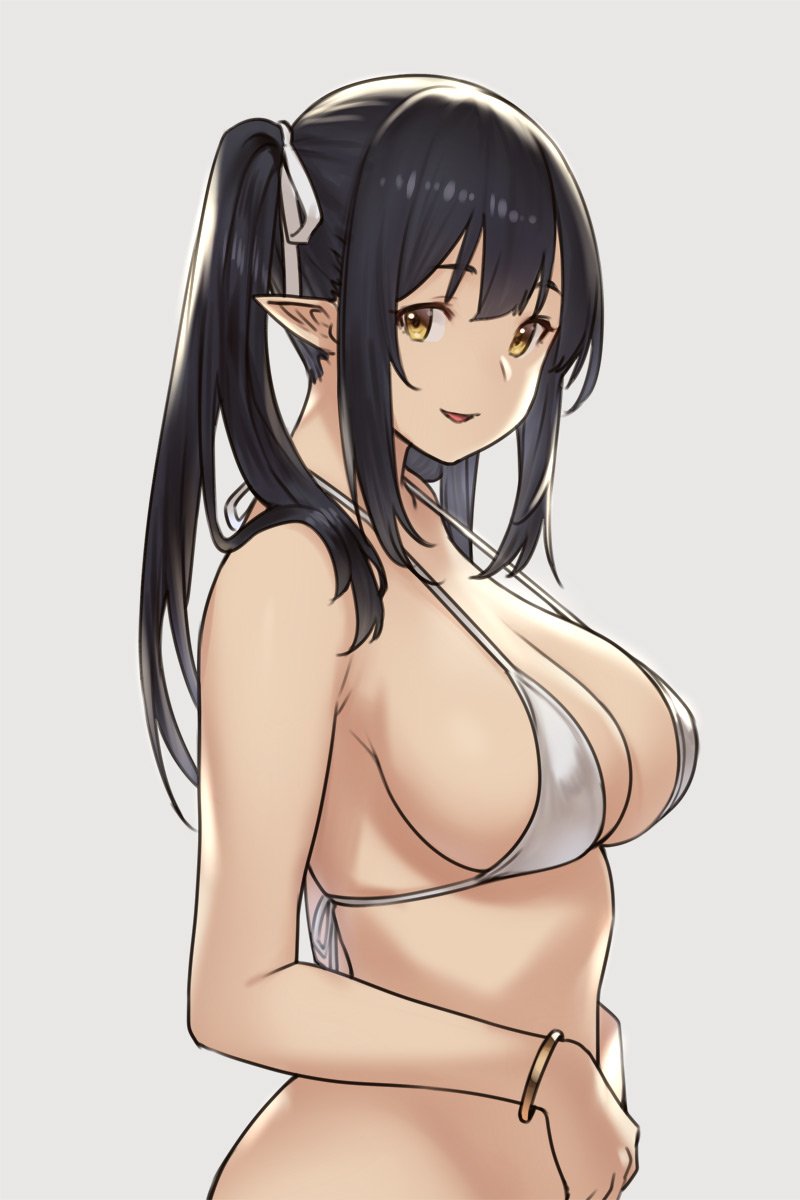 1girl bangs bare_shoulders black_hair blush bracelet breasts cleavage collarbone elf elf_(houtengeki) grey_bikini_top hair_ribbon highres houtengeki jewelry large_breasts long_hair looking_at_viewer open_mouth original parted_lips pointy_ears ribbon sidelocks simple_background smile solo twintails yellow_eyes