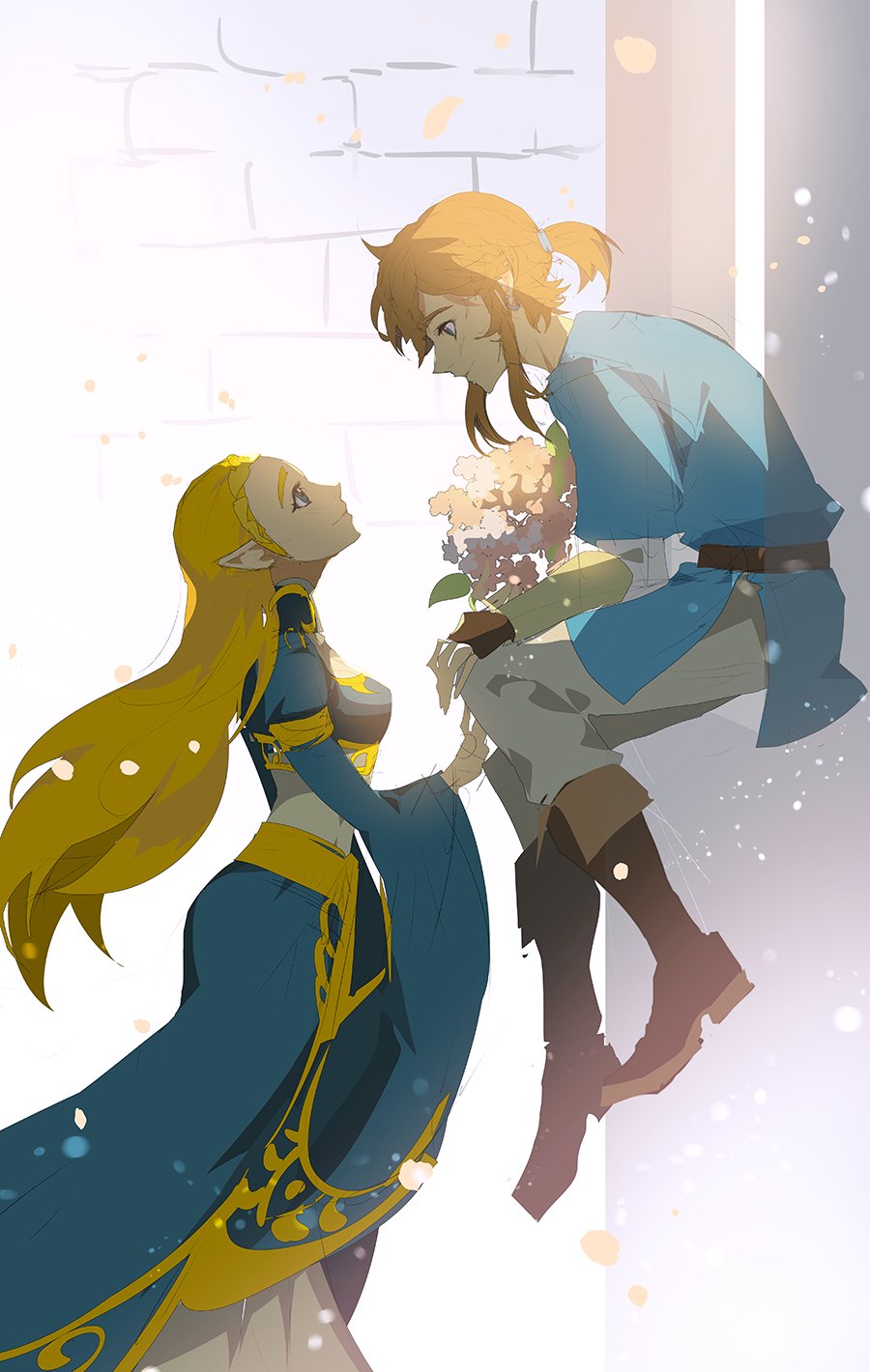 1boy 1girl belt blonde_hair blue_eyes boots braid breasts brown_footwear cowboy_shot dress earrings floating flower full_body highres jewelry link long_hair looking_at_another medium_breasts muse_(rainforest) nintendo pants petals pointy_ears princess_zelda shirt short_hair short_ponytail sidelocks sketch smile standing the_legend_of_zelda the_legend_of_zelda:_breath_of_the_wild wide_sleeves