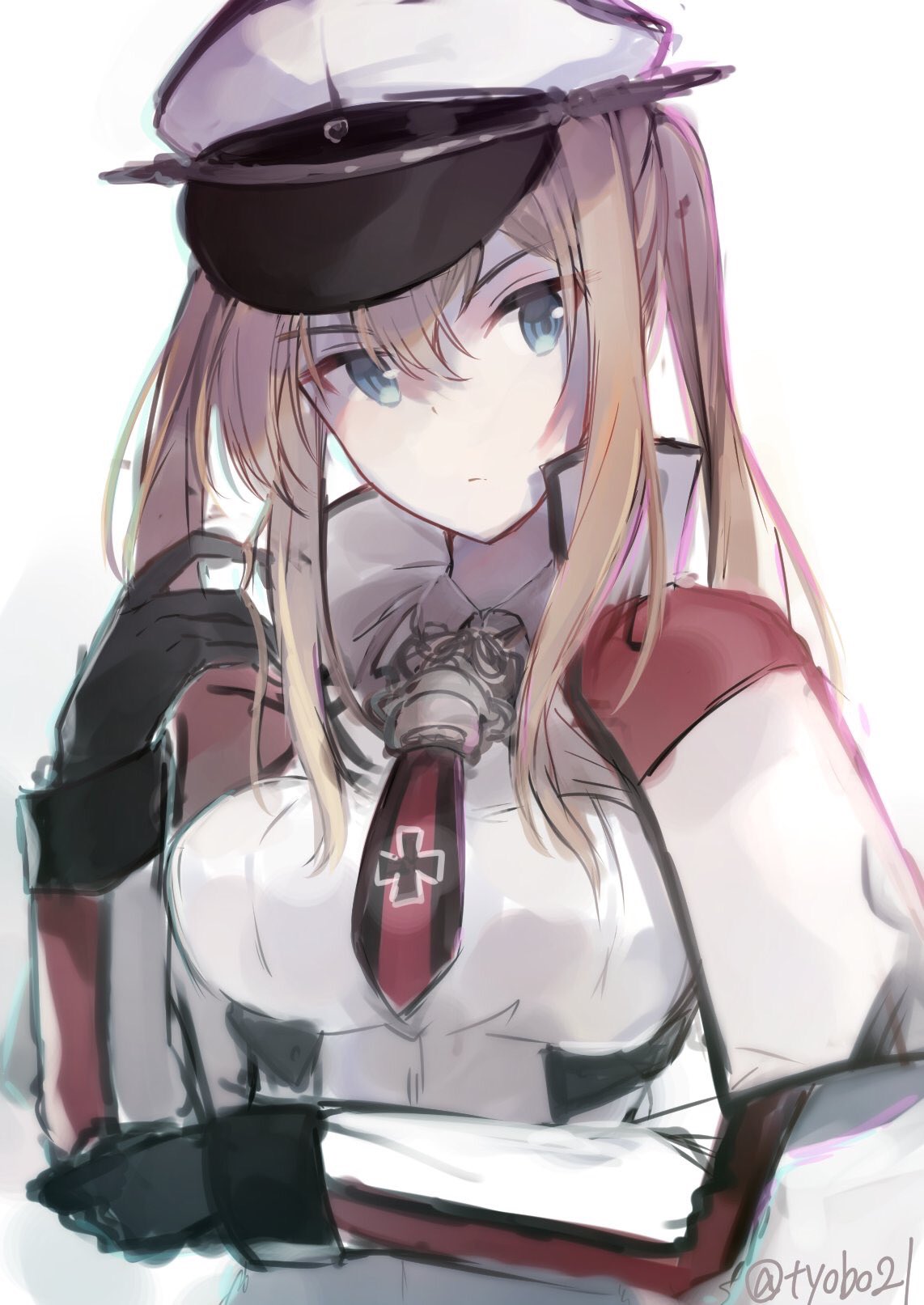 1girl black_gloves blonde_hair blue_eyes breasts capelet chobo_ume gloves graf_zeppelin_(kantai_collection) hair_between_eyes hat highres jacket kantai_collection large_breasts looking_at_viewer necktie peaked_cap red_neckwear sidelocks simple_background solo tsurime twintails twitter_username upper_body white_background