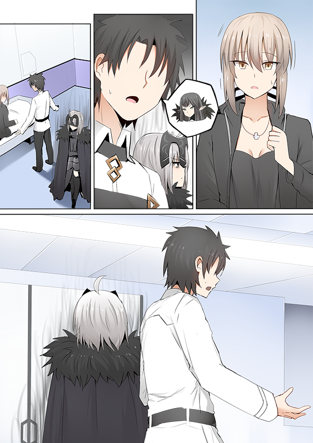 1boy 3girls ahoge artoria_pendragon_(all) aura black_hair cape comic cross cross_necklace faceless faceless_male fate/grand_order fate_(series) from_behind fujimaru_ritsuka_(male) fur-trimmed_cape fur_trim ginhaha grey_hair headdress indoors jeanne_d'arc_(alter)_(fate) jeanne_d'arc_(fate)_(all) jewelry light_brown_eyes light_brown_hair long_sleeves multiple_girls necklace open_mouth pointy_ears saber_alter semiramis_(fate) short_hair silent_comic spoken_character