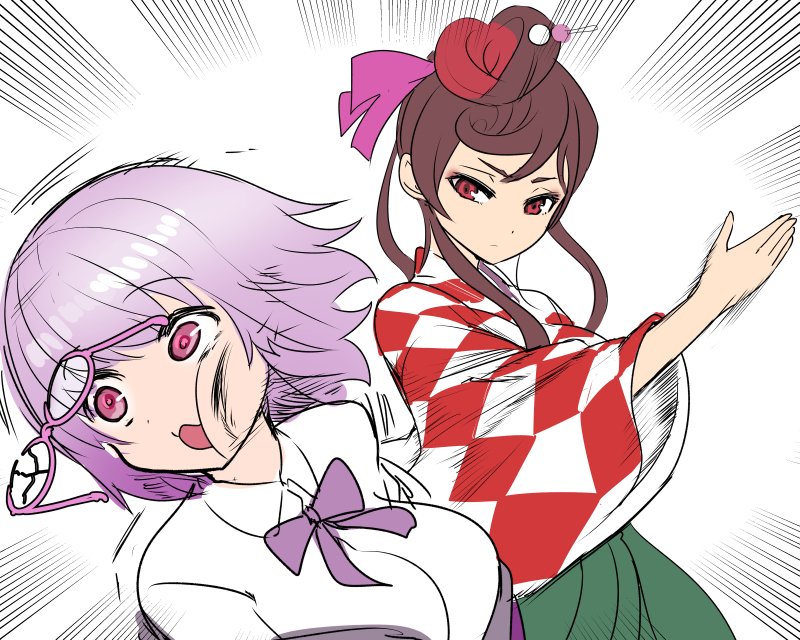 2girls brown_hair checkered checkered_kimono dango_hair_ornament food_themed_hair_ornament glasses hair_ornament japanese_clothes kimono lavender_hair long_hair multiple_girls necktie okamura_(okamura086) purple_hair red_eyes ribbon shinjou_akane shirt slapping ssss.gridman violet_eyes white_shirt yuugiri_(zombie_land_saga) zombie_land_saga