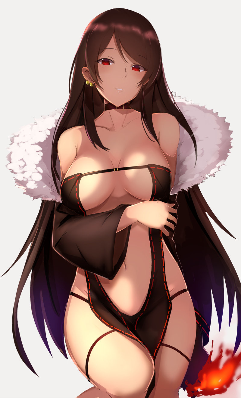 1girl arm_across_waist bangs bare_shoulders black_dress breasts brown_hair center_opening choker collarbone commentary_request consort_yu_(fate) dress earrings fate/grand_order fate_(series) fire fur-trimmed_jacket fur_trim highres jacket jewelry long_hair looking_at_viewer medium_breasts multiple_earrings navel parted_lips red_eyes revealing_clothes saisarisu sidelocks solo stomach strapless strapless_dress very_long_hair