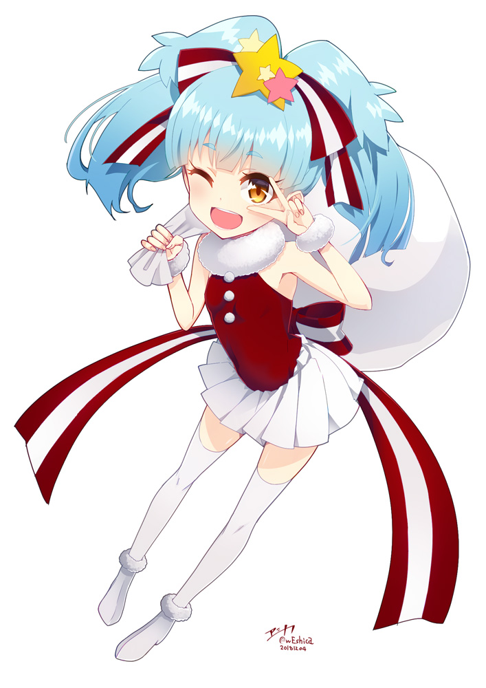 1girl :d blue_hair bow fur_trim hair_ornament holding hoshikawa_lily one_eye_closed open_mouth orange_eyes pleated_skirt sack skirt sleeveless smile solo star star_hair_ornament thigh-highs twintails v_over_eye weshika white_background white_legwear zombie_land_saga