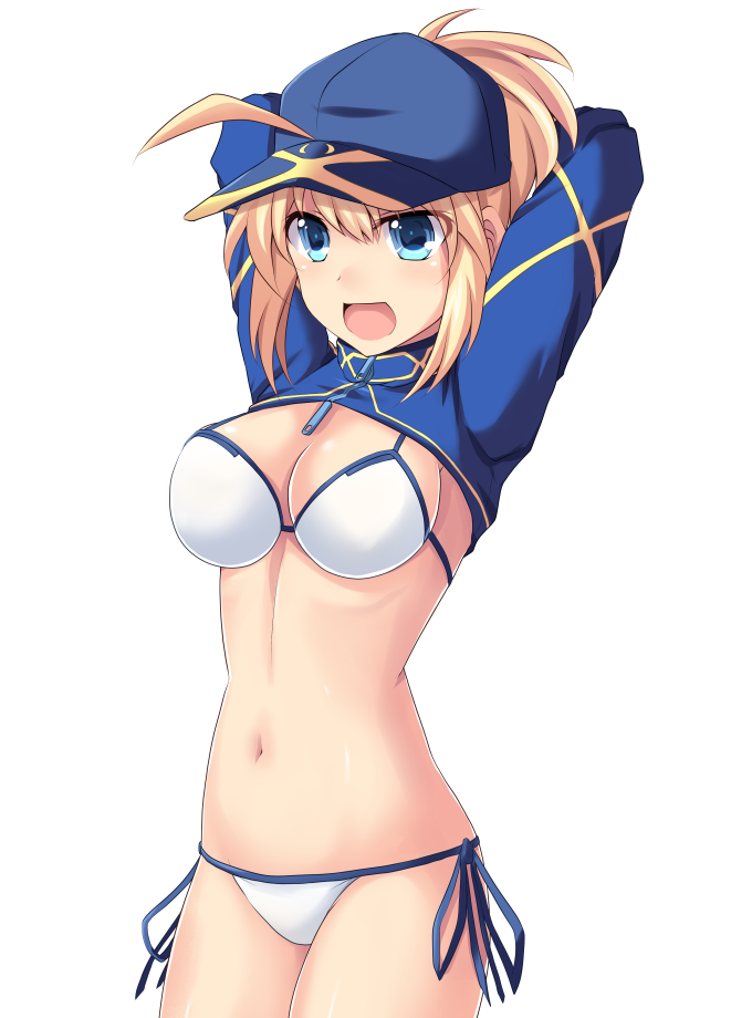 1girl arms_behind_head arms_up artoria_pendragon_(all) baseball_cap bikini blonde_hair blue_eyes blue_hat breasts cross_(crossryou) facing_viewer fate/grand_order fate_(series) hair_through_headwear hat large_breasts mysterious_heroine_xx_(foreigner) navel open_mouth ponytail short_hair short_ponytail shrug_(clothing) side-tie_bikini solo swimsuit white_background white_bikini zipper zipper_pull_tab