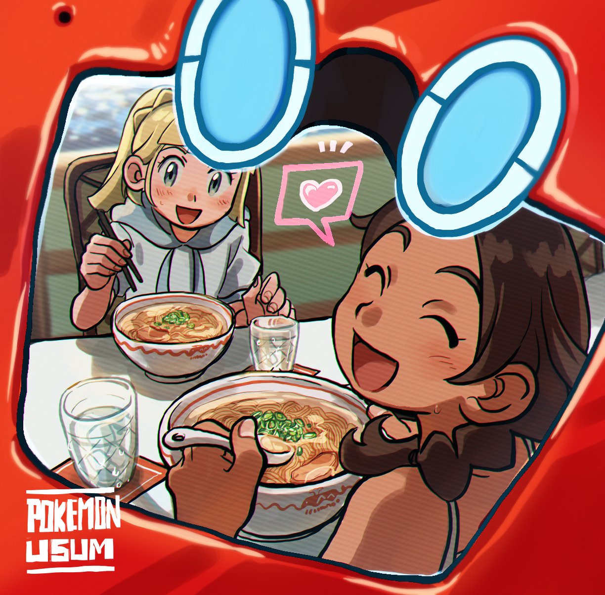 2girls black_hair blonde_hair bowl chair chopsticks closed_eyes copyright_name creatures_(company) dark_skin elizabeth_(tomas21) game_freak gen_4_pokemon glass green_eyes highres holding holding_chopsticks holding_spoon lillie_(pokemon) long_hair looking_back mizuki_(pokemon) multiple_girls nintendo open_mouth pokedex pokemon pokemon_(game) pokemon_usum ponytail rotom rotom_dex shirt short_sleeves sitting spoon table white_shirt