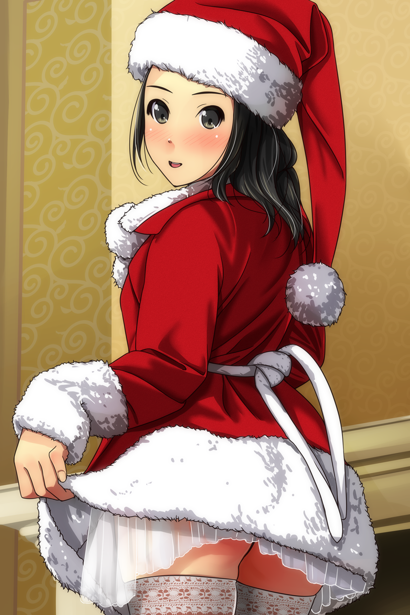 1girl :d ass black_hair blush brown_eyes commentary_request dress fingernails forehead fur-trimmed_dress fur-trimmed_hat fur-trimmed_sleeves fur_trim hat highres long_hair long_sleeves looking_at_viewer looking_back matsunaga_kouyou nose_blush open_mouth original red_dress red_hat santa_costume santa_hat see-through sleeves_past_wrists smile solo thigh-highs